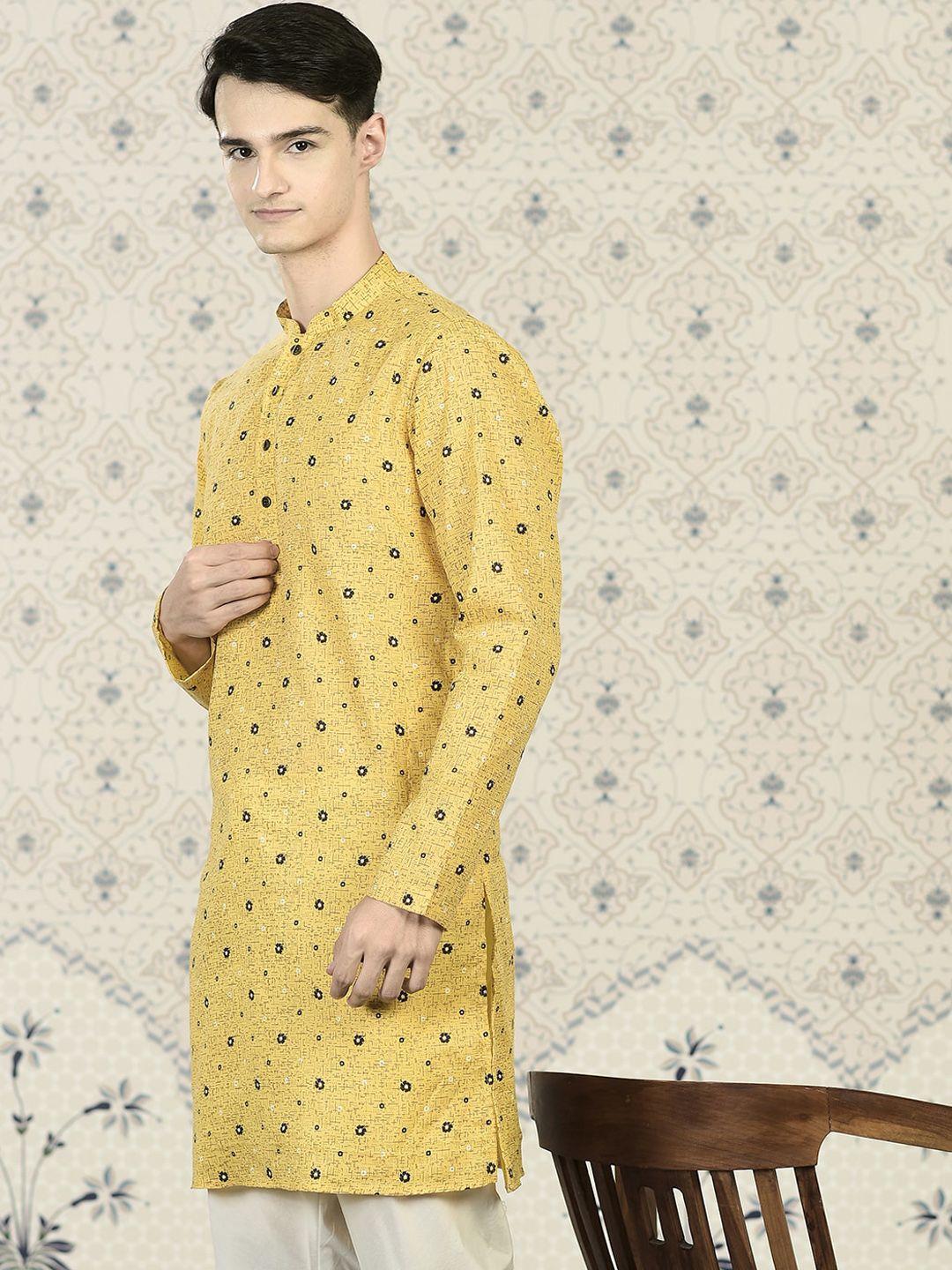 ode by house of pataudi men yellow & black geometric printed cotton kurta