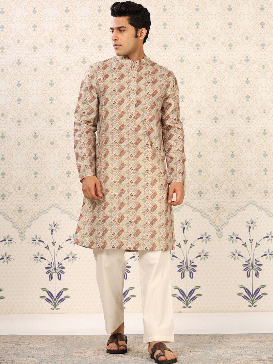 ode by house of pataudi men yellow ethnic motifs printed regular kurta with pyjamas