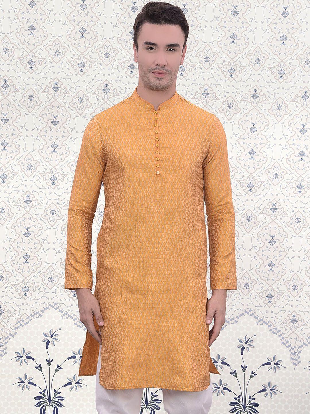 ode by house of pataudi men yellow thread work jacquard kurta