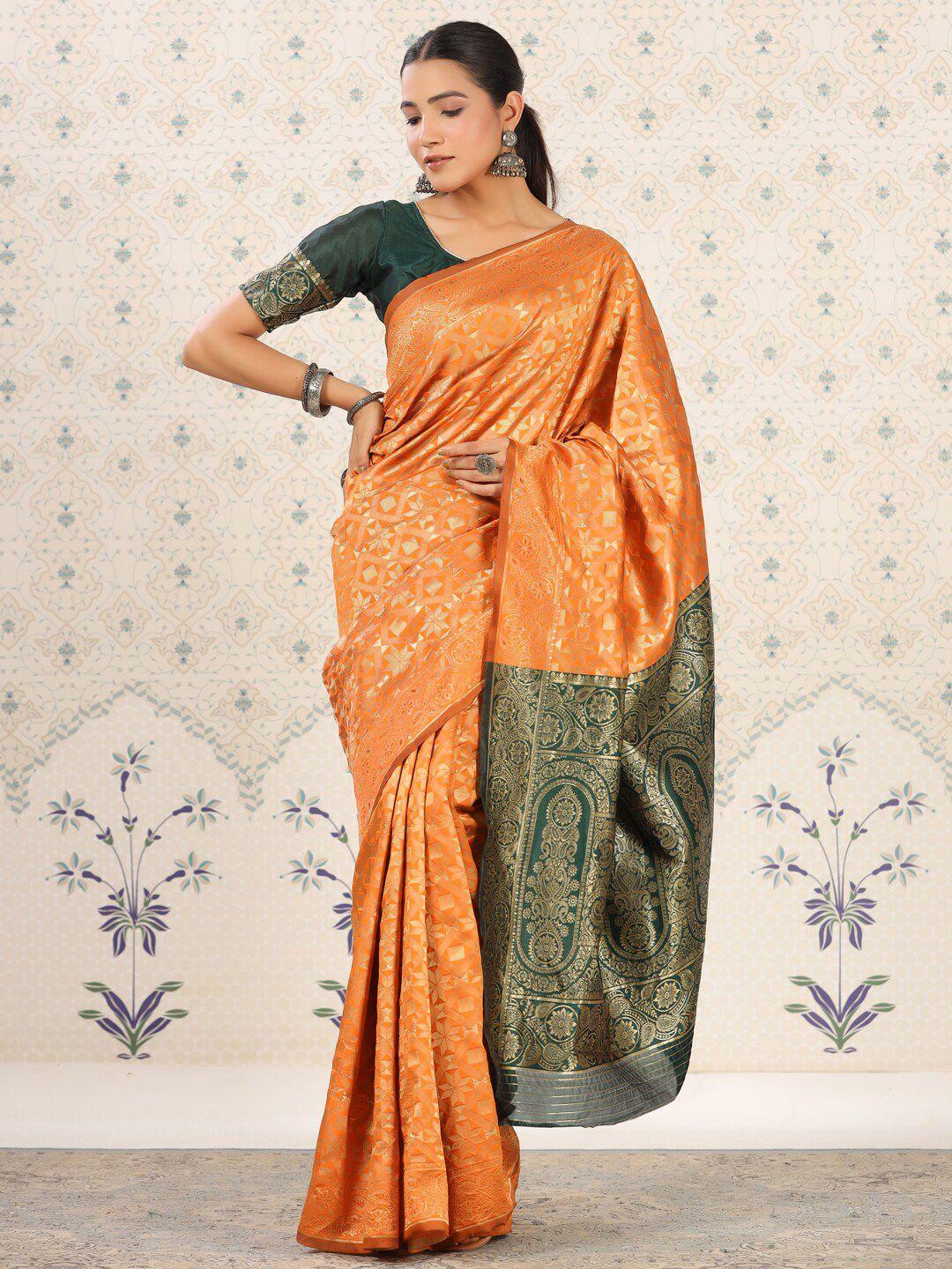 ode by house of pataudi mustard & green geometric woven design zari banarasi saree