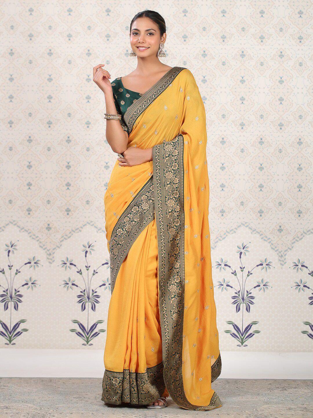 ode by house of pataudi mustard & green paisley zari silk blend saree