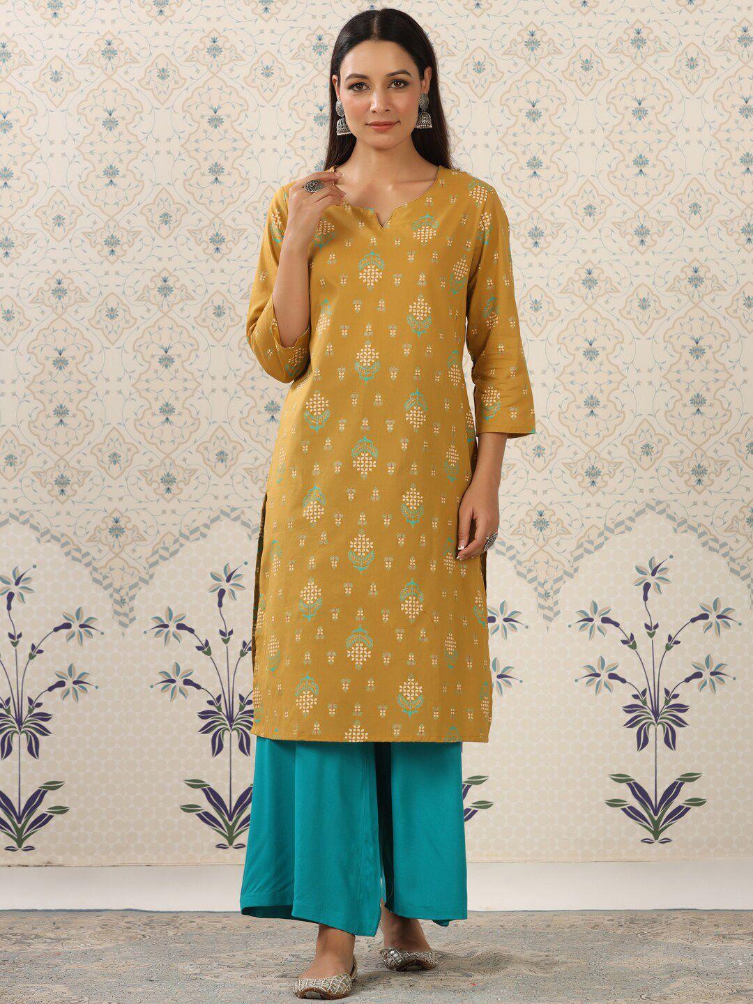 ode by house of pataudi mustard yellow & teal printed pure cotton kurta with palazzos