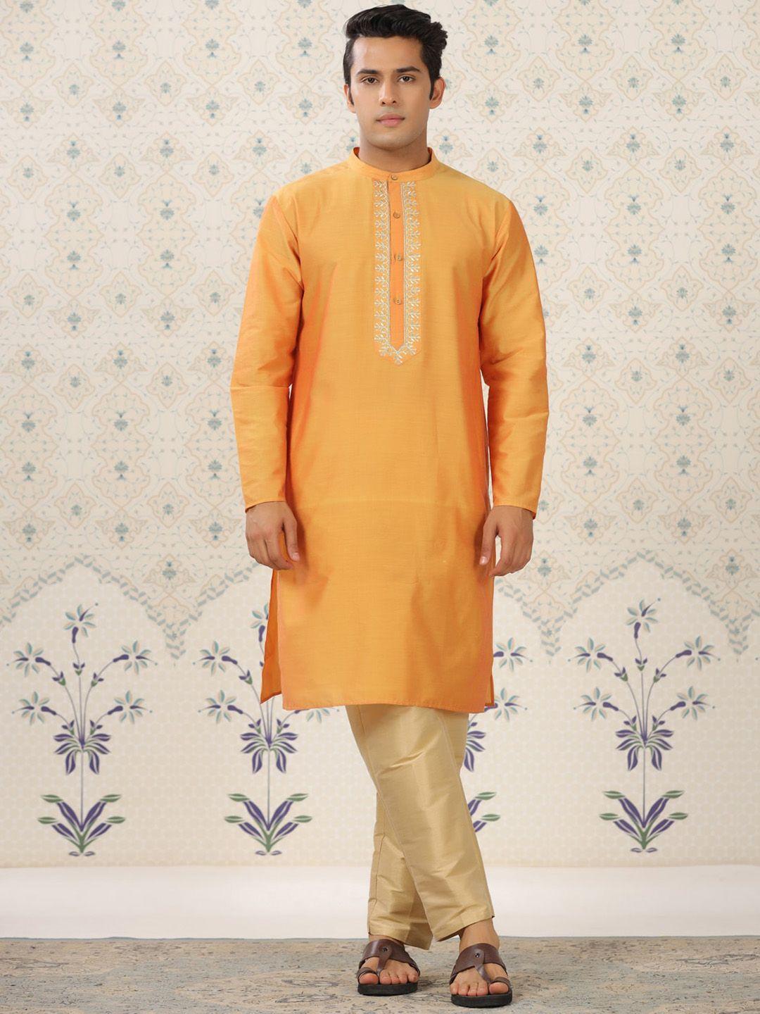 ode by house of pataudi mustard yellow mandarin collar thread work straight kurta