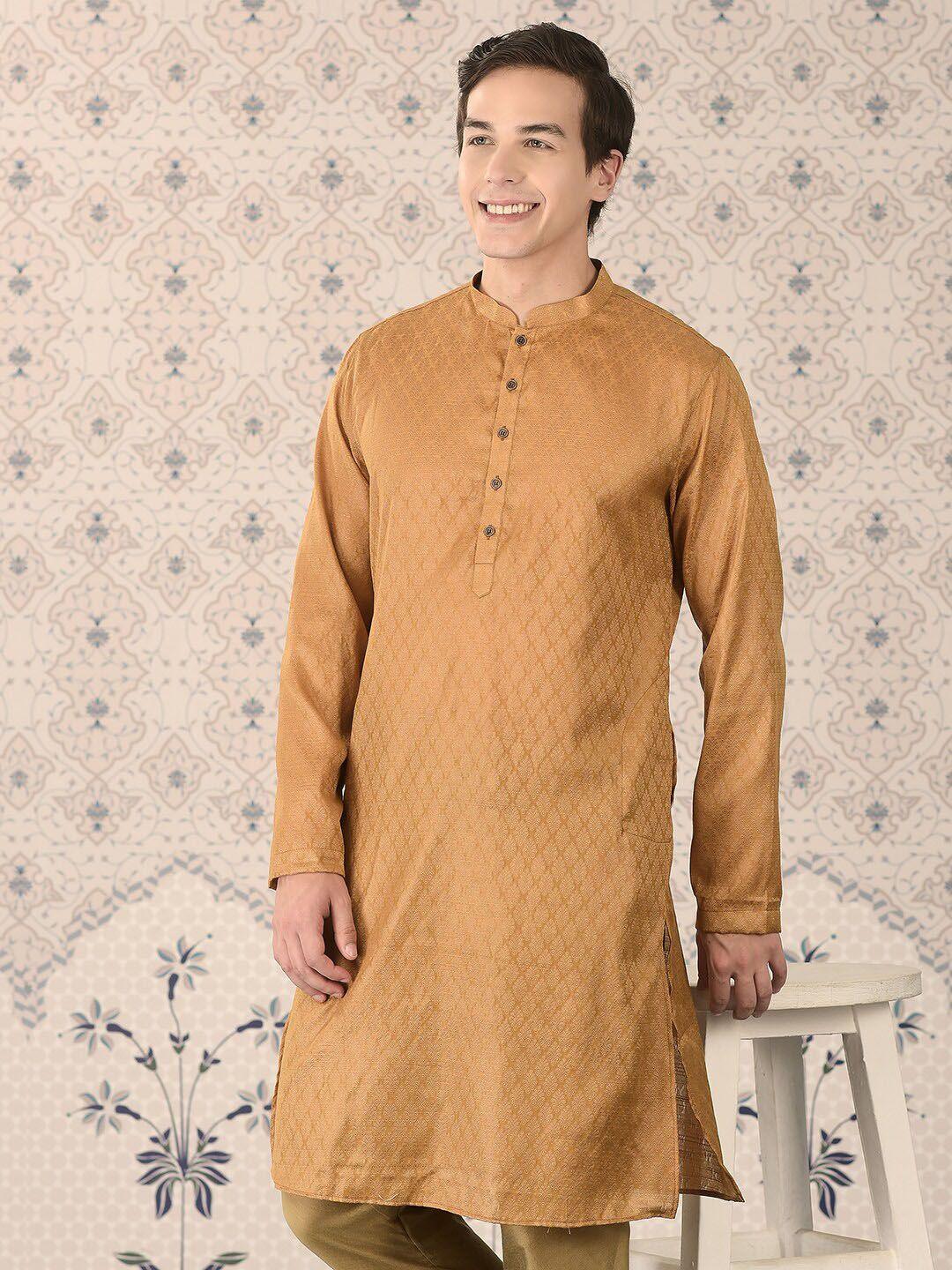 ode by house of pataudi mustard yellow woven design mandarin collar kurta with churidar