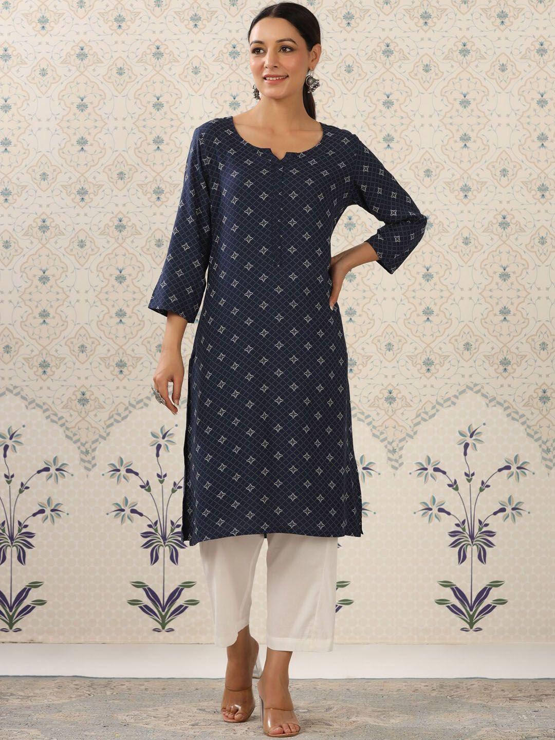 ode by house of pataudi navy blue & white printed notched neck kurta with palazzos