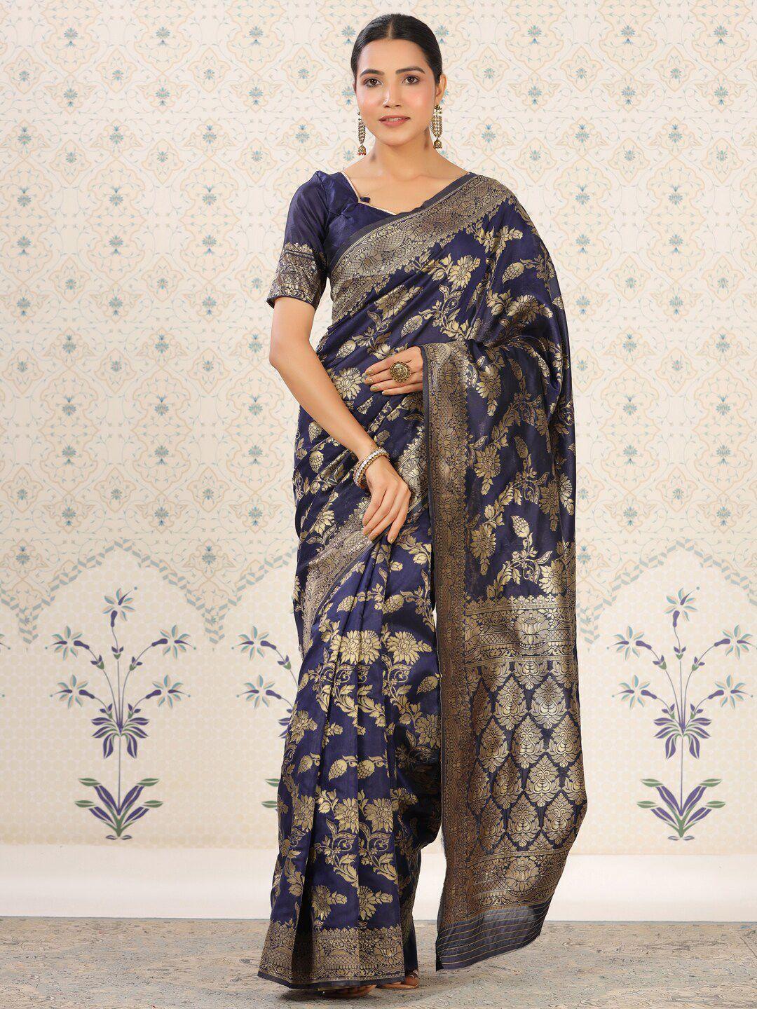 ode by house of pataudi navy blue floral woven design zari banarasi saree