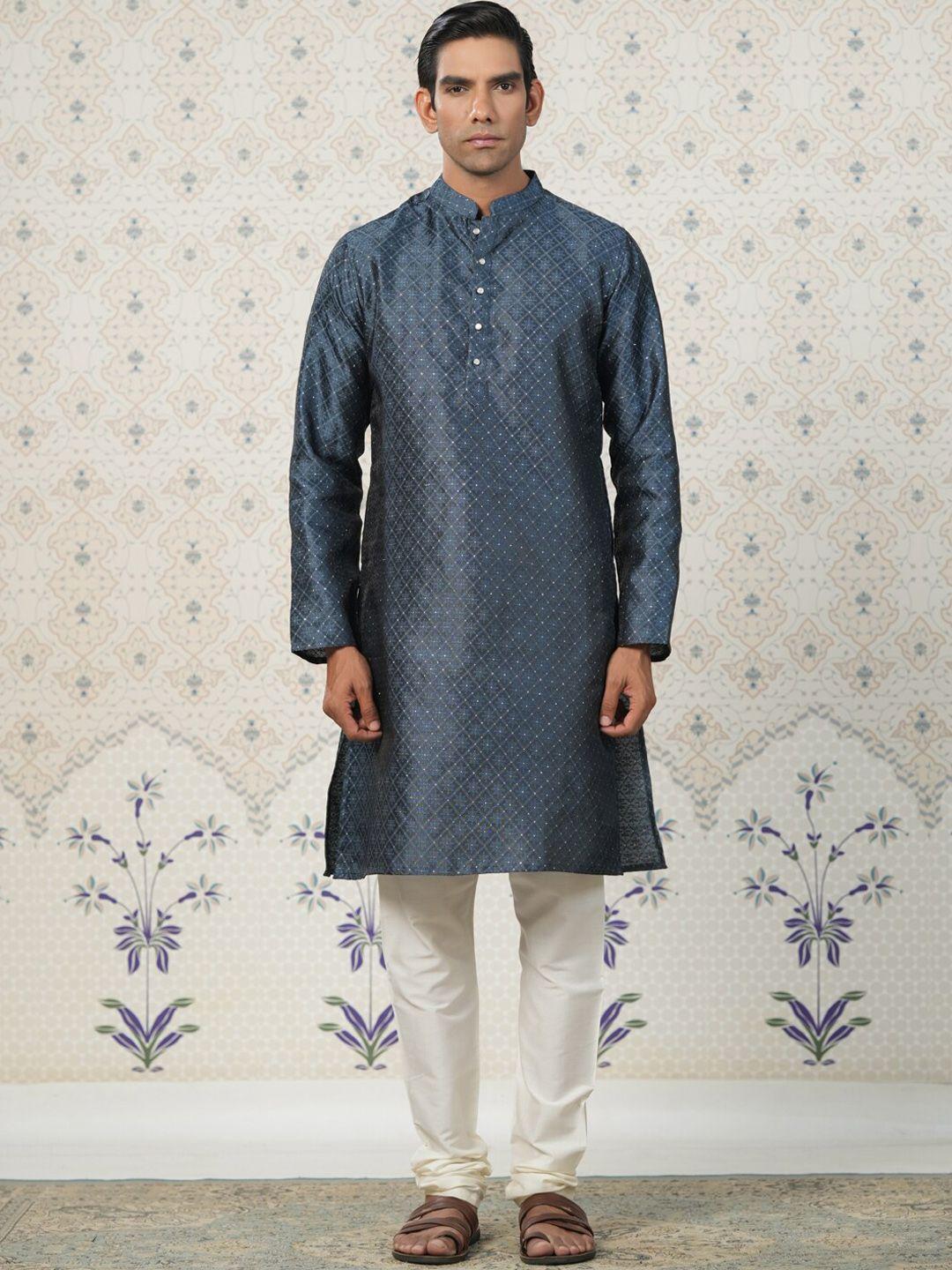 ode by house of pataudi navy blue geometric embroidered mandarin collar straight kurta