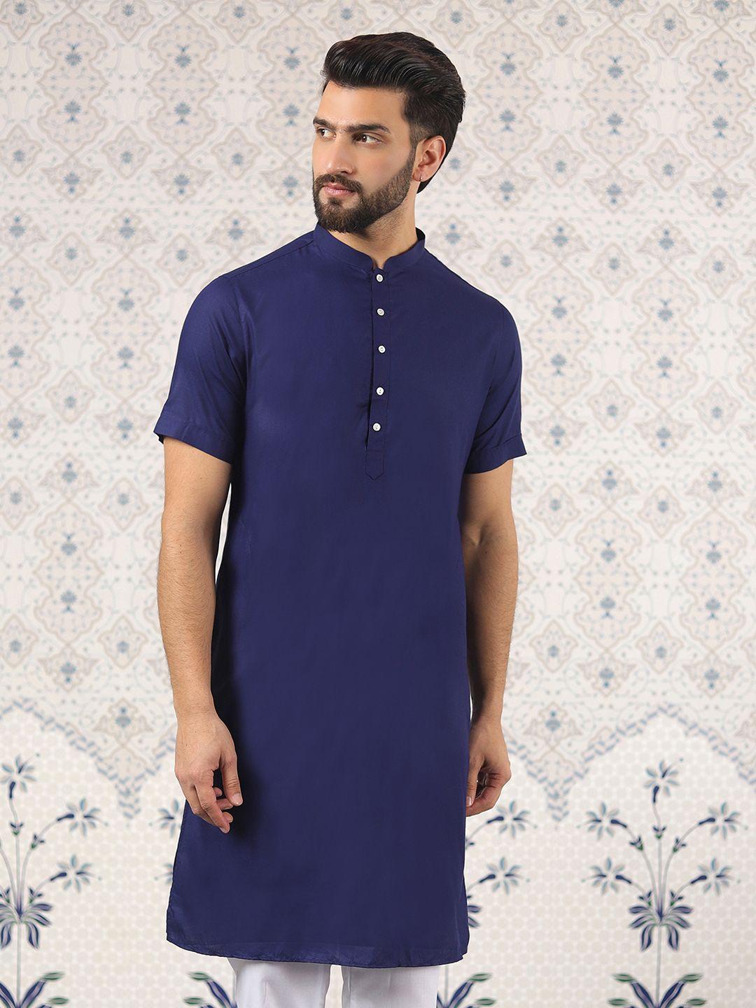 ode by house of pataudi navy blue mandarin collar cotton silk straight kurta