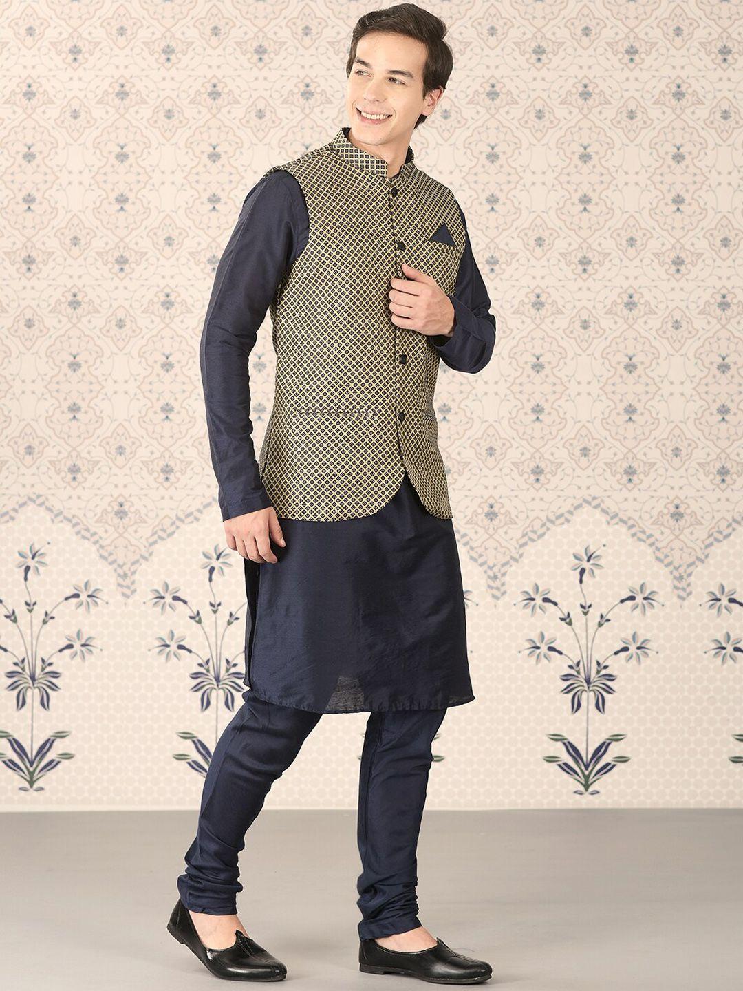 ode by house of pataudi navy blue mandarin collar kurta with churidar & nehru jacket