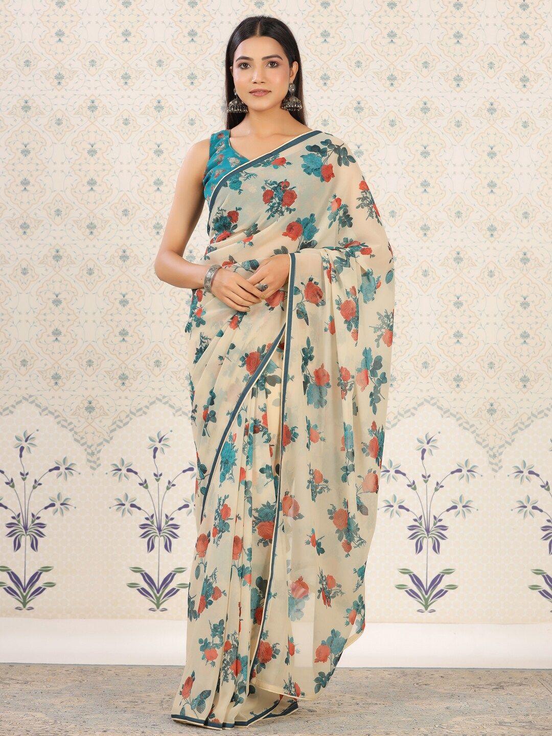 ode by house of pataudi off white & teal floral printed pure georgette saree