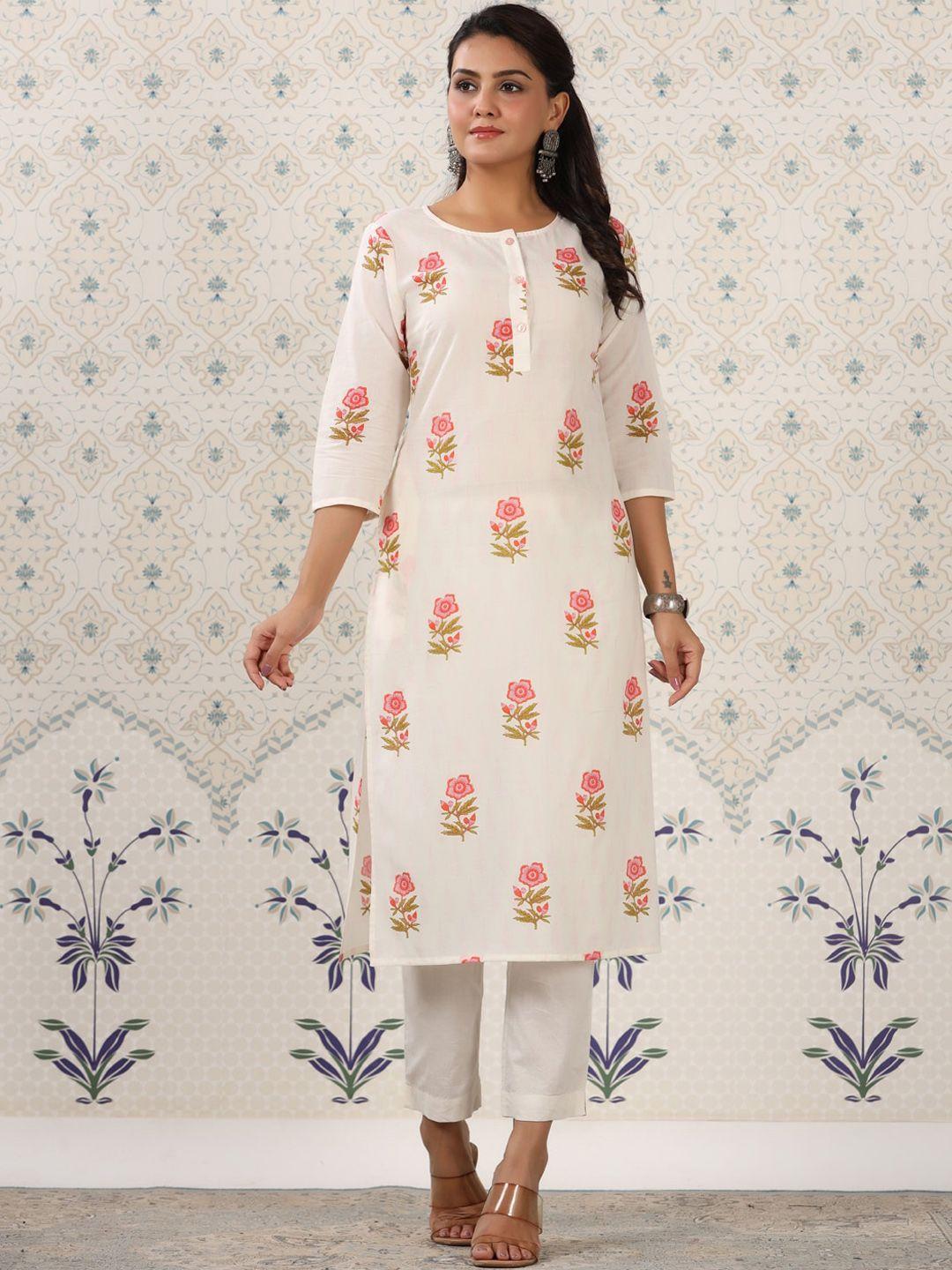 ode by house of pataudi off white floral printed pure cotton straight kurta