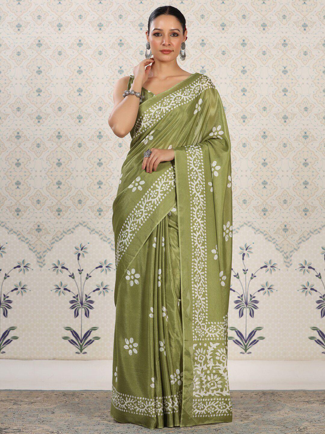 ode by house of pataudi olive green floral poly chiffon designer saree