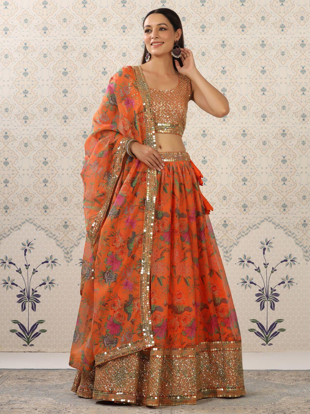 ode by house of pataudi orange & gold-toned embroidered sequinned semi-stitched lehenga & unstitched blouse