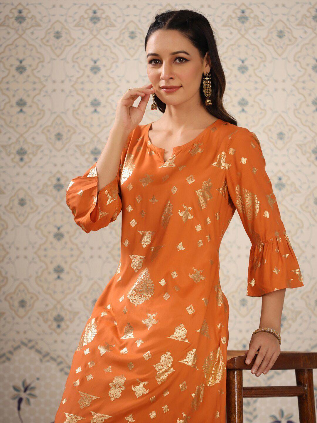 ode by house of pataudi orange ethnic motifs foil printed flared sleeves kurta