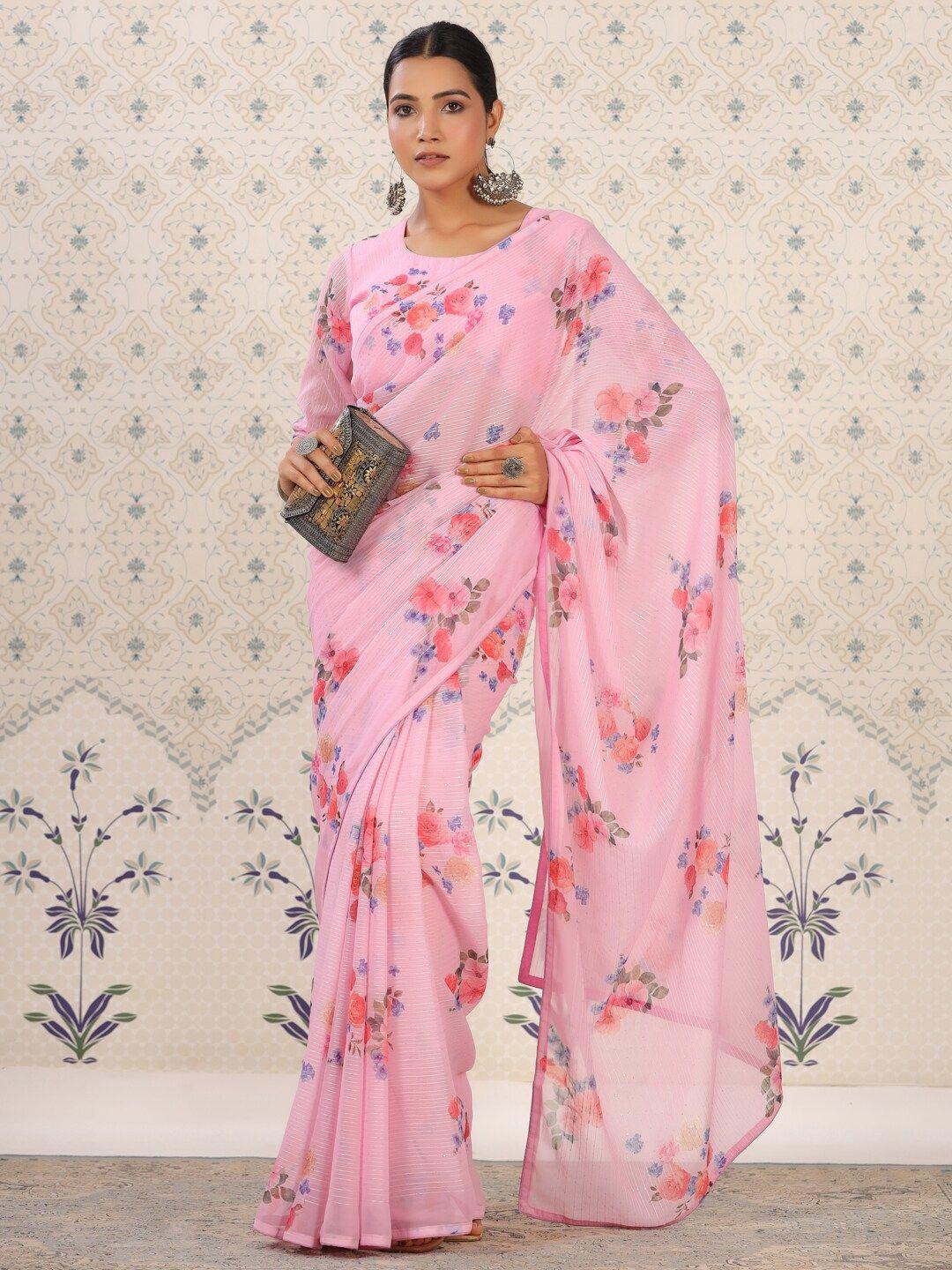 ode by house of pataudi pink & lavender floral sequinned pure georgette saree