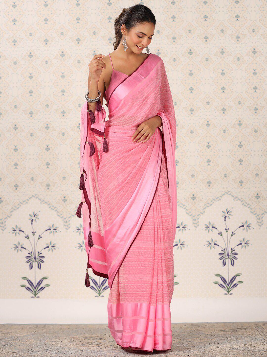 ode by house of pataudi pink & white striped pure georgette saree