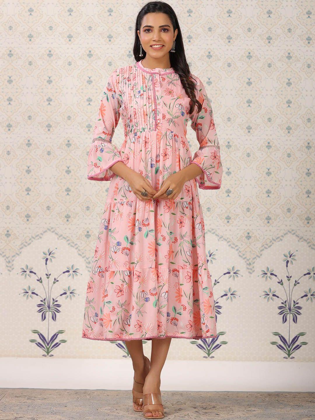 ode by house of pataudi pink floral printed gathered cotton fit & flare midi dress