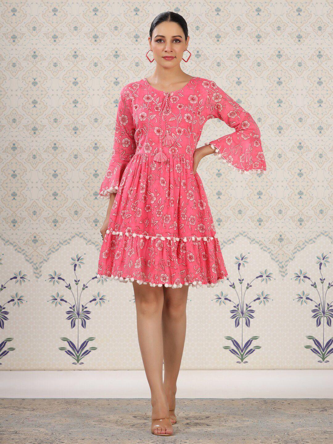 ode by house of pataudi pink floral printed gathered tiered cotton fit & flare dress