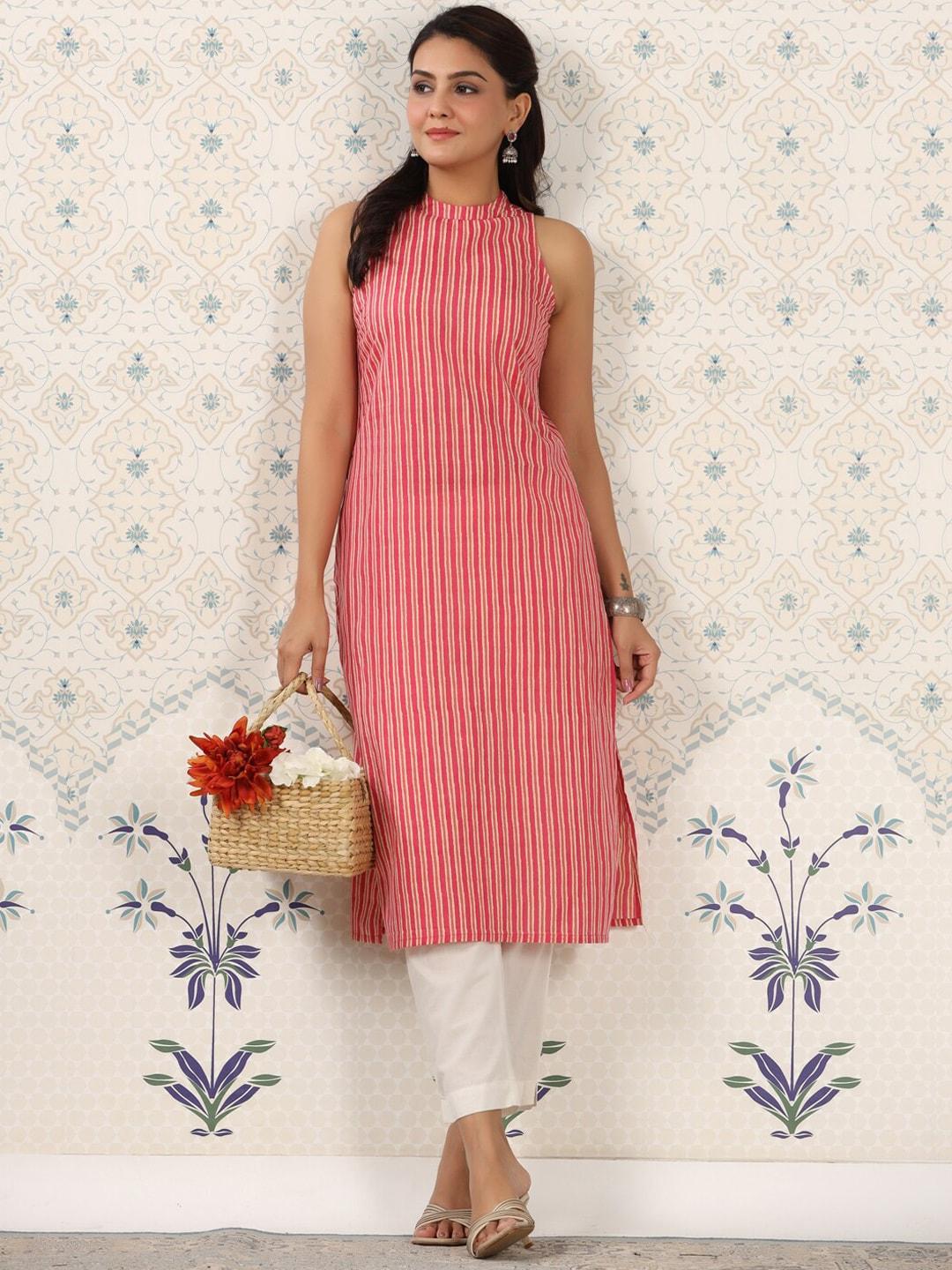 ode by house of pataudi pink striped halter neck pure cotton kurta