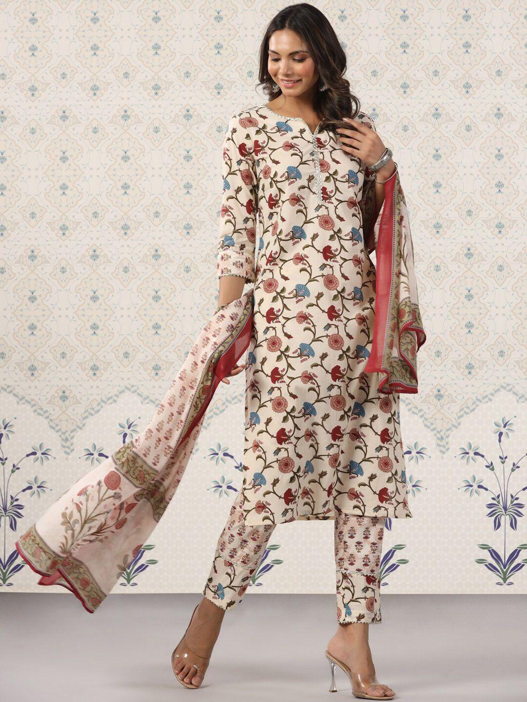 ode by house of pataudi printed notched neck pure cotton kurta with trousers & dupatta