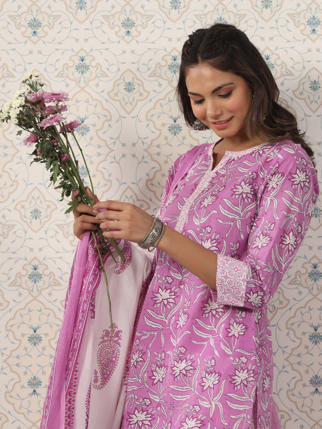 ode by house of pataudi printed notched neck pure cotton kurta with trousers & dupatta