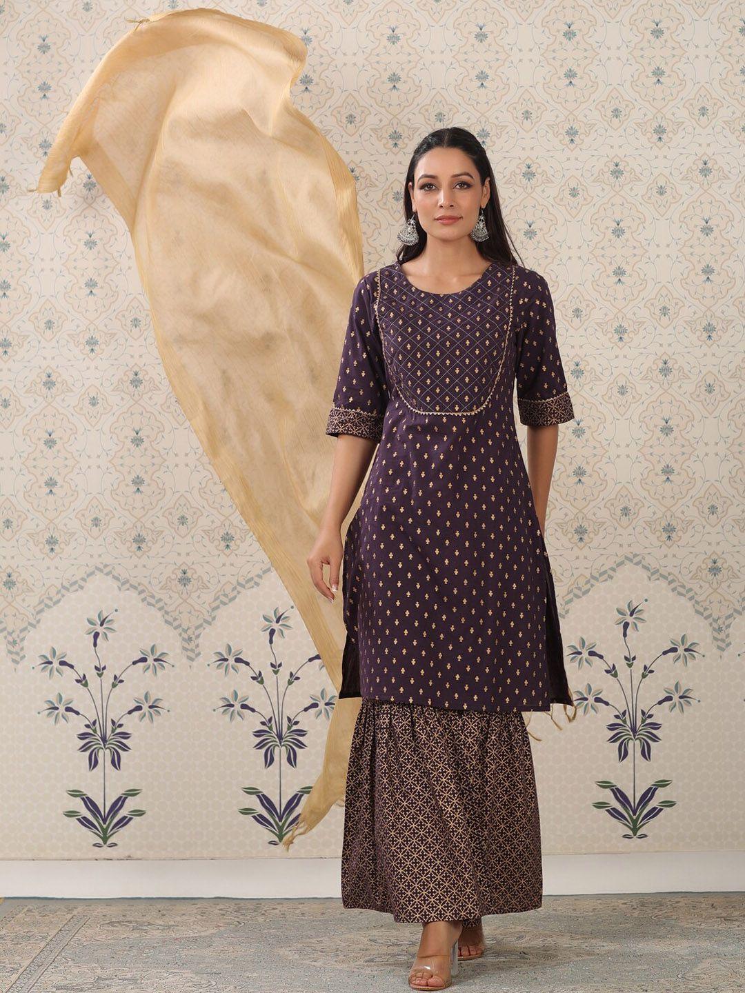 ode by house of pataudi purple floral printed pure cotton kurta with sharara & dupatta