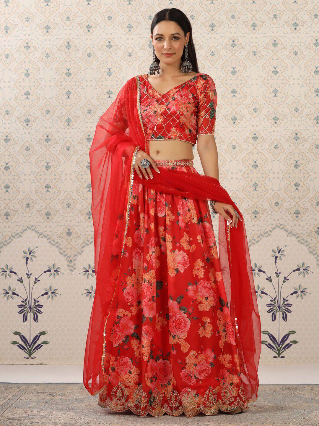 ode by house of pataudi red & pink printed semi-stitched lehenga choli with dupatta