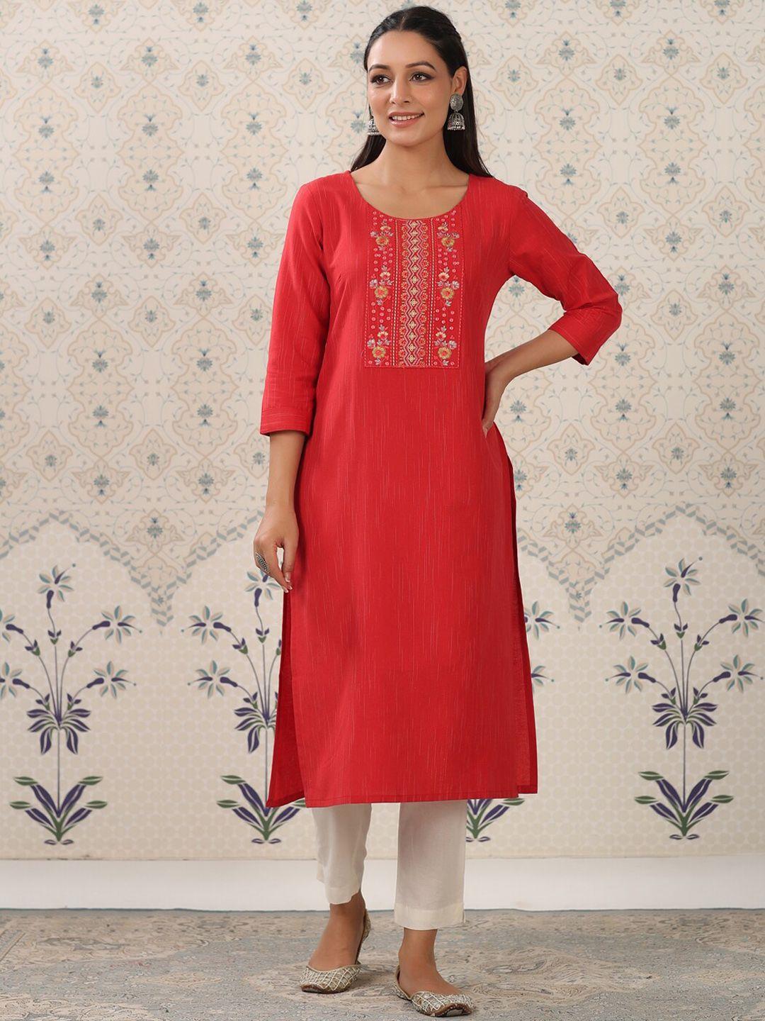 ode by house of pataudi red & yellow floral yoke design thread work kurta