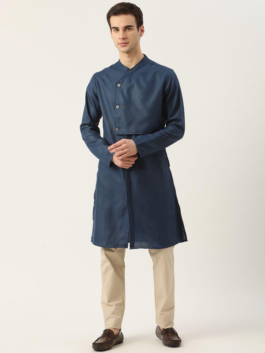 ode by house of pataudi rozana men navy blue solid layered straight kurta