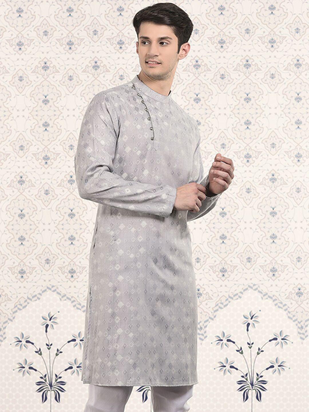 ode by house of pataudi silver toned geometric woven design regular jacquard kurta