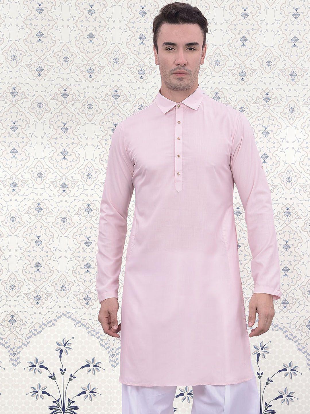 ode by house of pataudi solid shirt collar cotton silk straight kurta