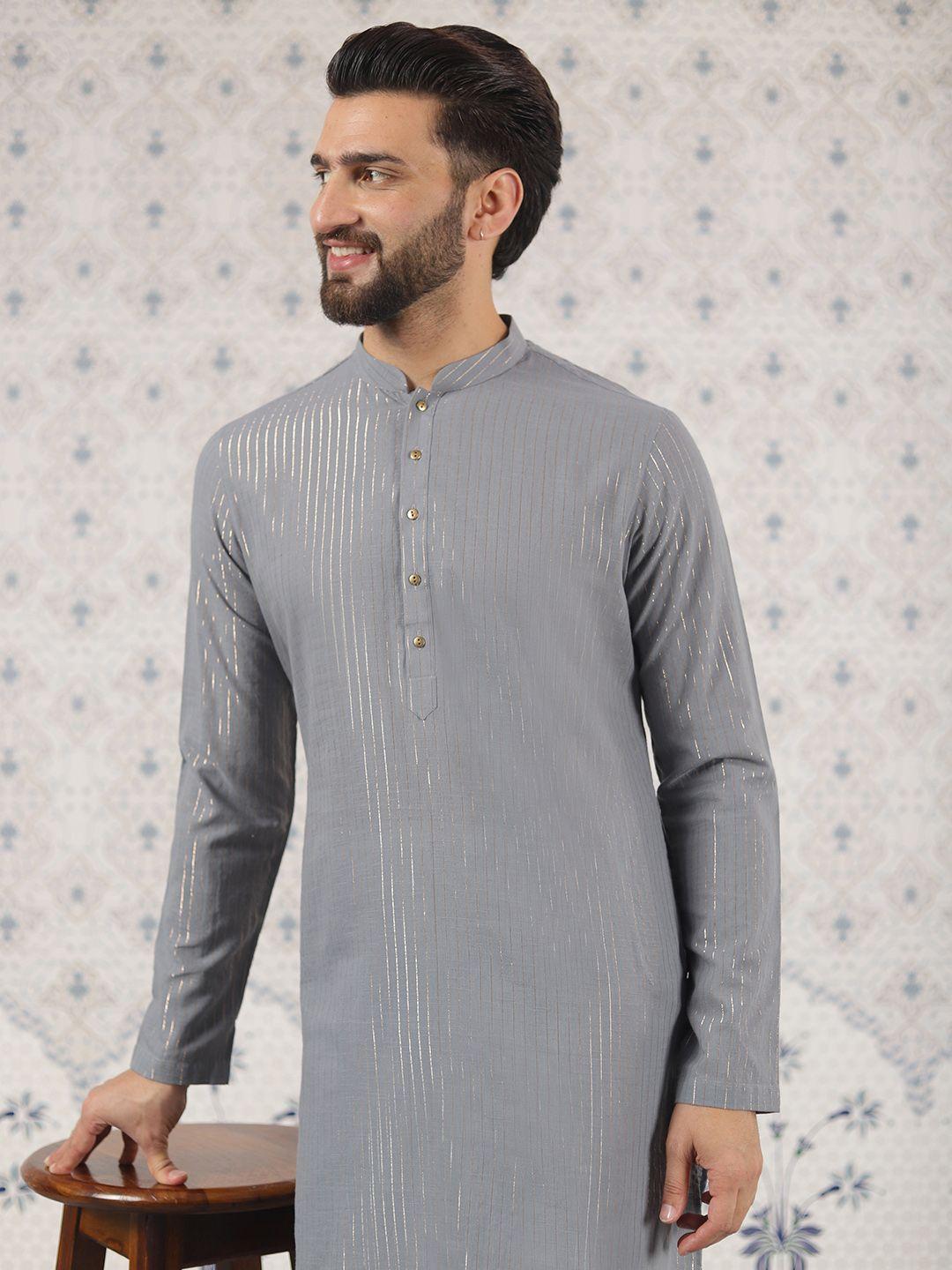 ode by house of pataudi striped mandarin collar cotton jacqurad kurta