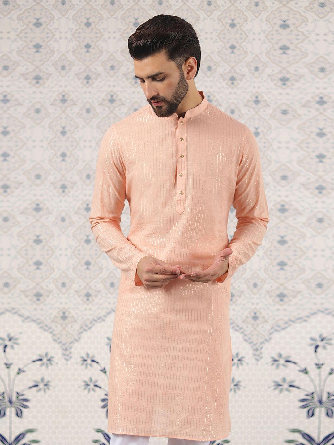 ode by house of pataudi striped mandarin collar jacquard weave kurta