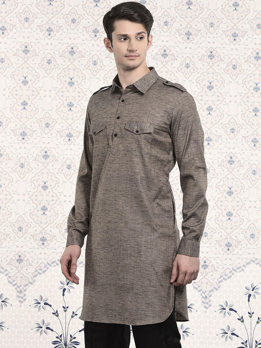 ode by house of pataudi taupe woven design jacquard pathani kurta