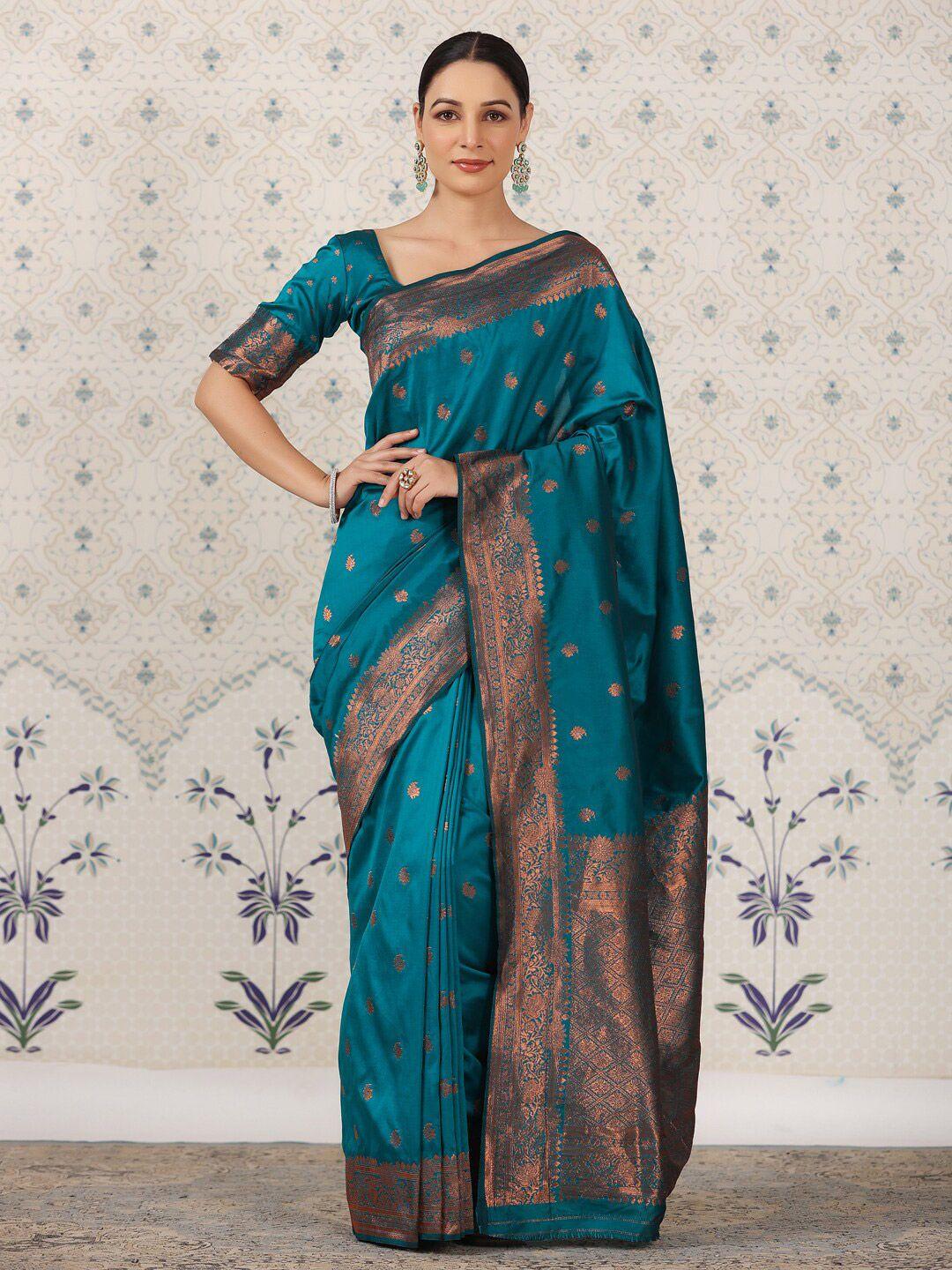 ode by house of pataudi turquoise blue ethnic motifs zari pure silk banarasi saree