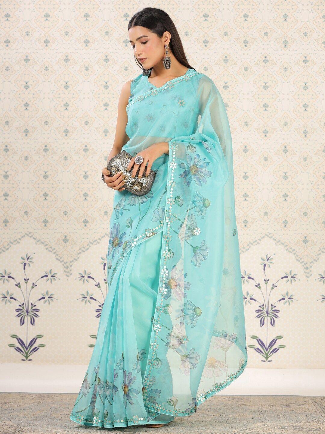 ode by house of pataudi turquoise blue floral printed mirror work organza saree