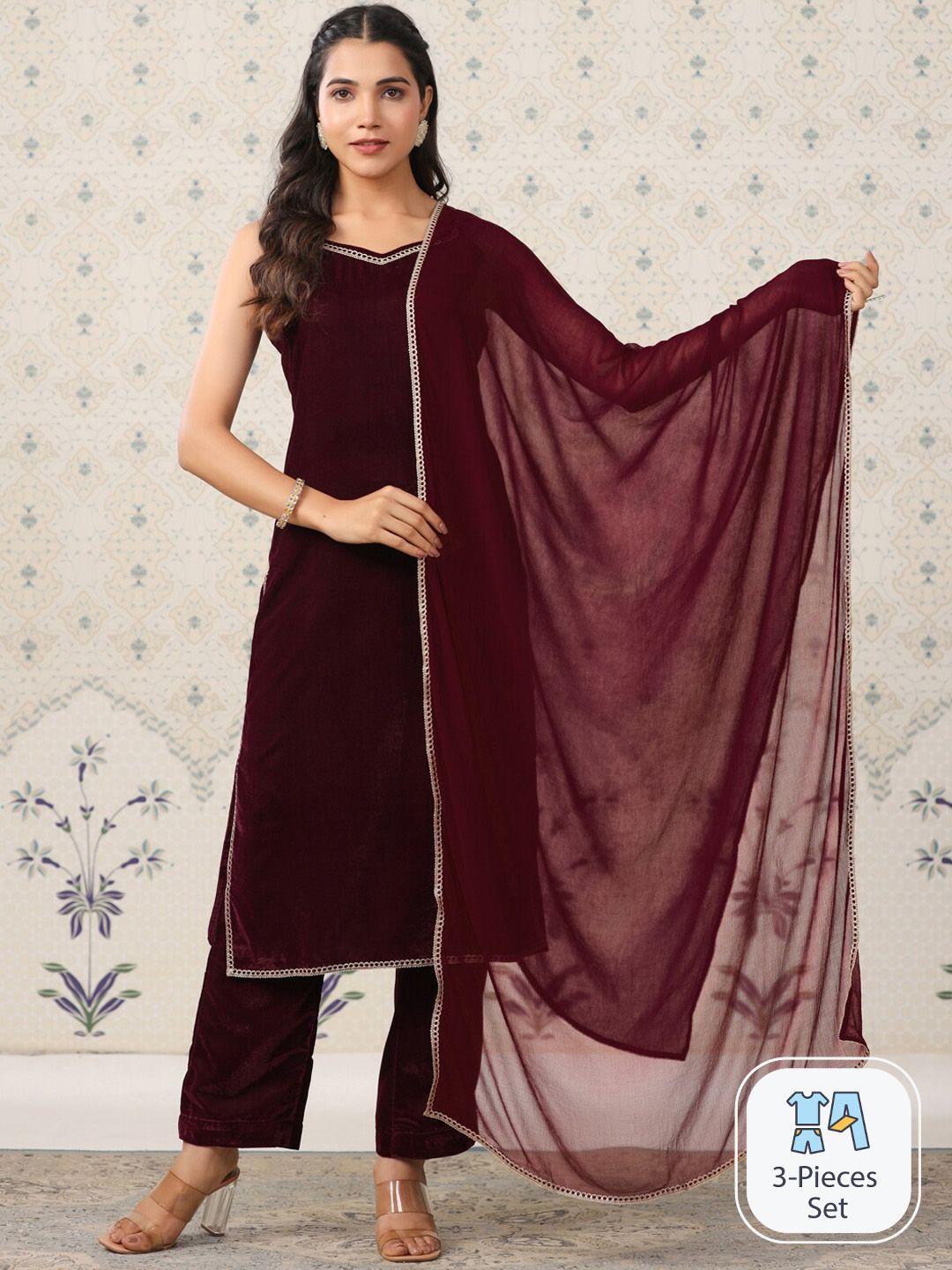 ode by house of pataudi velvet straight kurta & trousers with dupatta