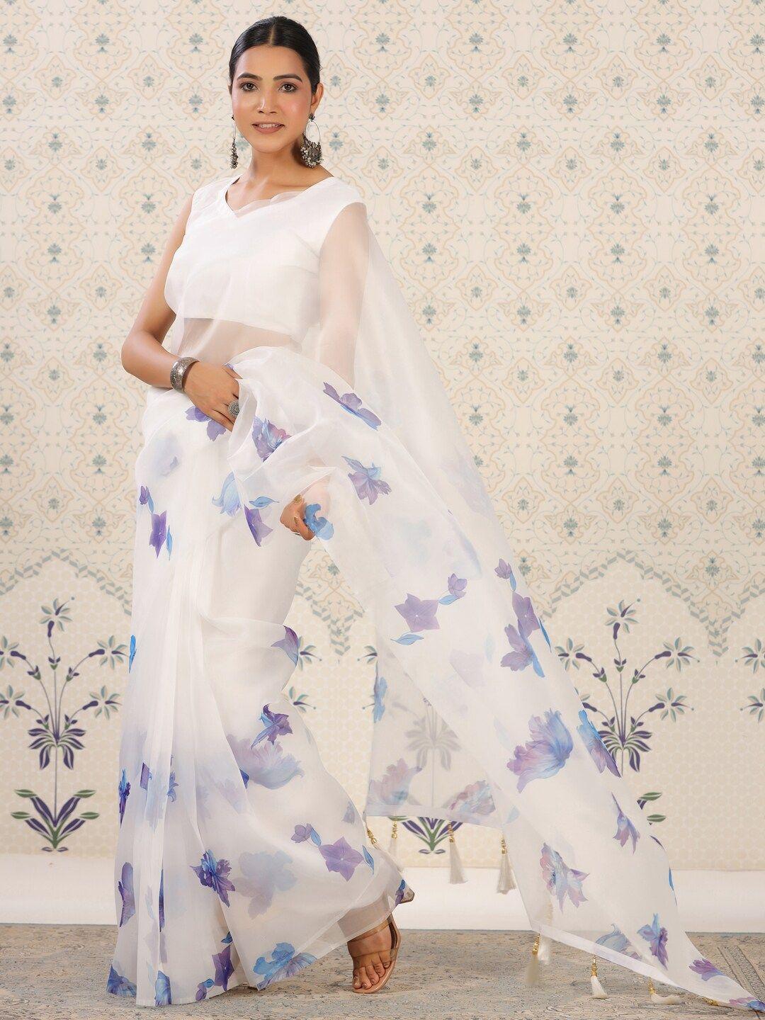 ode by house of pataudi white & blue floral beads and stones organza saree