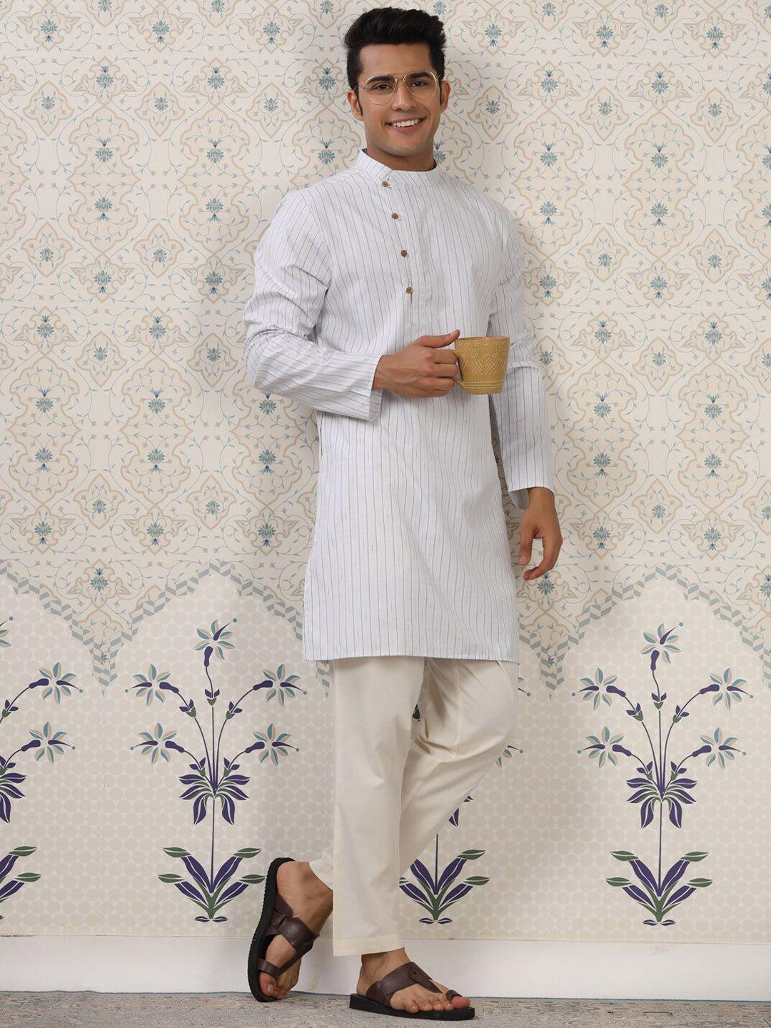 ode by house of pataudi white & grey striped kurta with pyjamas