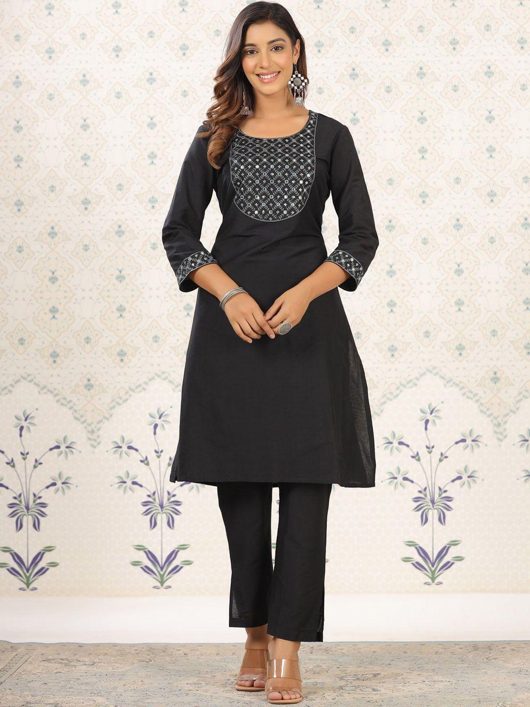ode by house of pataudi women black floral embroidered regular thread work kurta with trousers