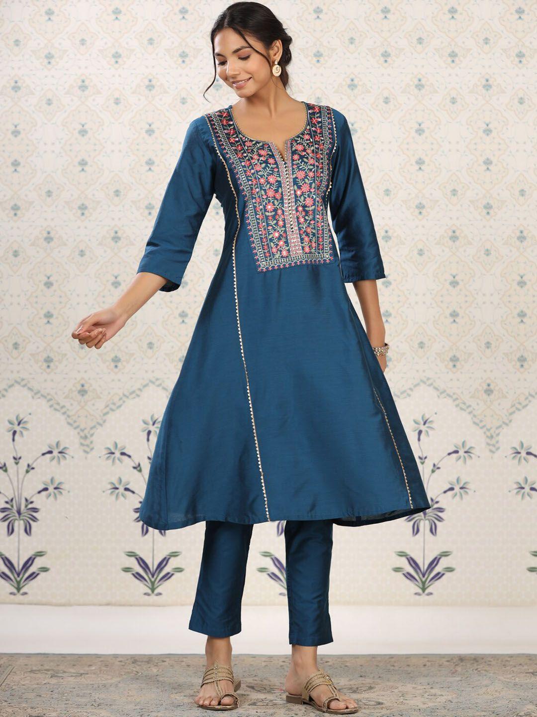 ode by house of pataudi women blue embroidered kurta with trousers &