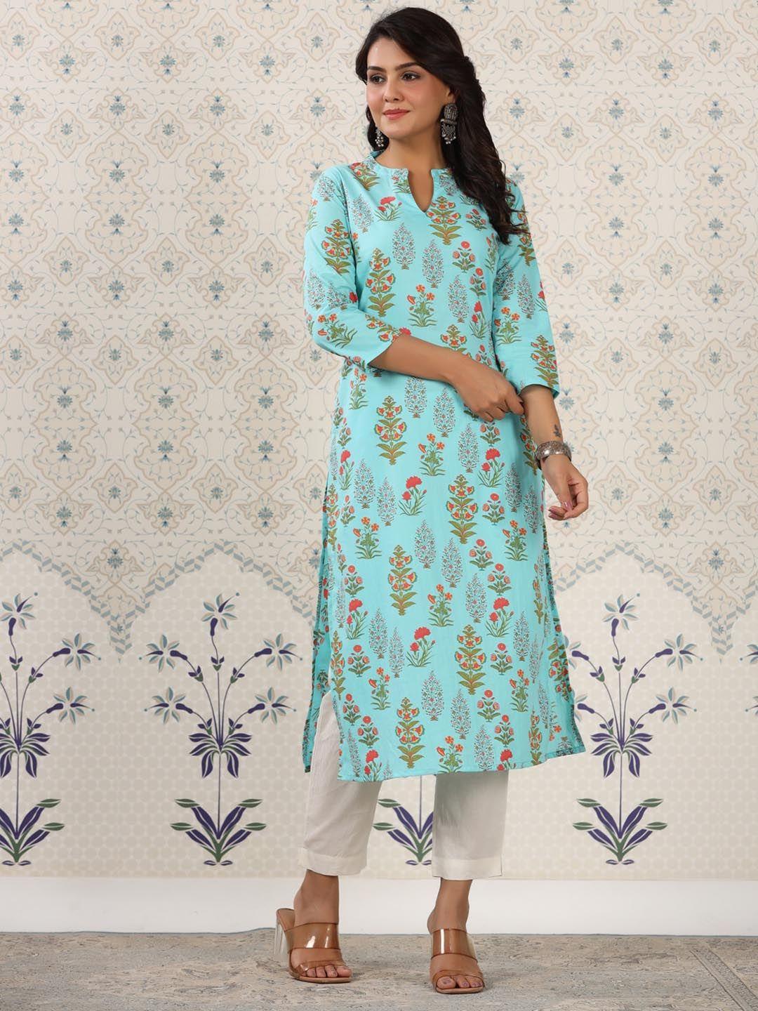 ode by house of pataudi women blue floral printed flared sleeves sequinned kurta