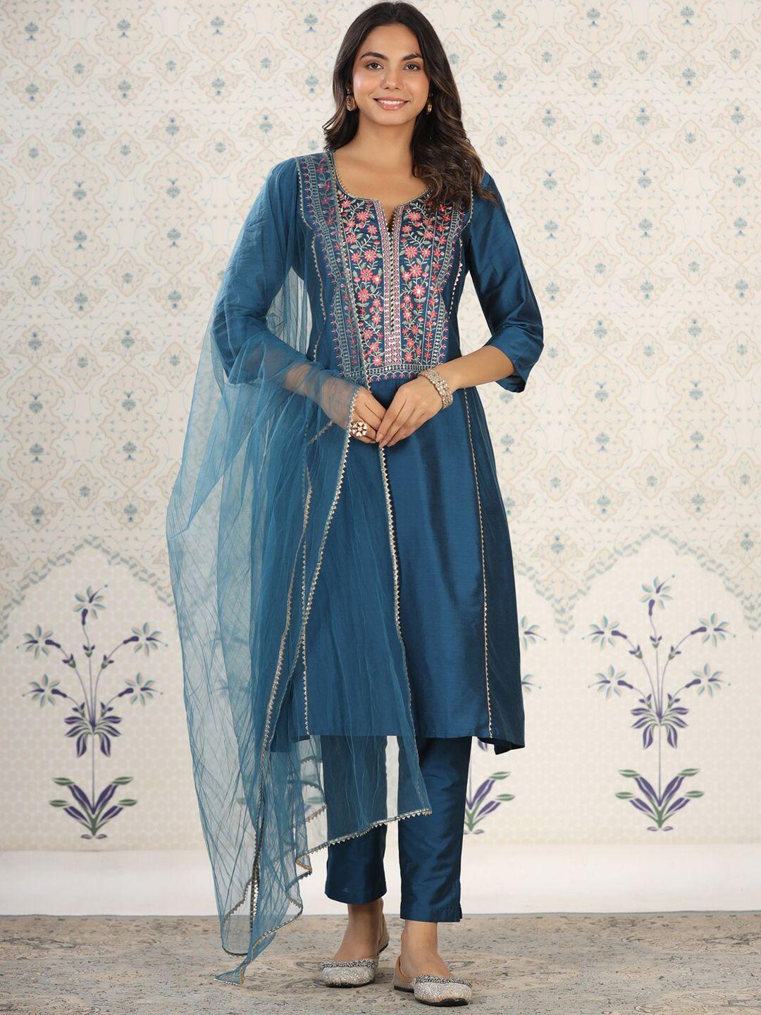 ode by house of pataudi women blue floral yoke design regular thread work kurta with trousers & with dupatta