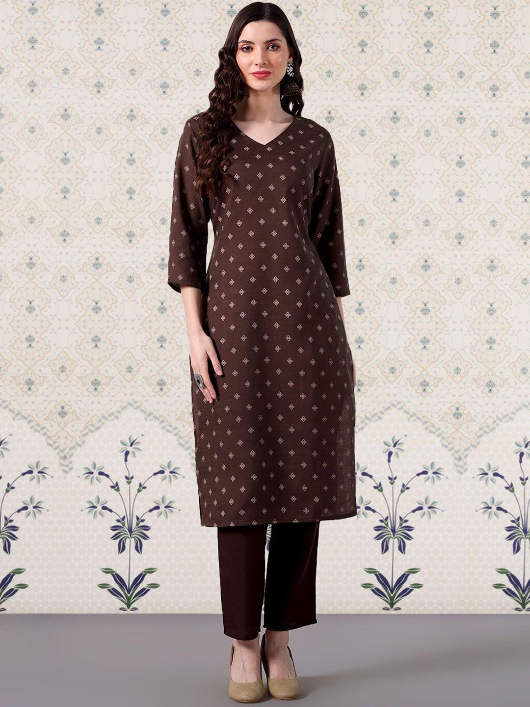 ode by house of pataudi women brown printed regular kurta with palazzos