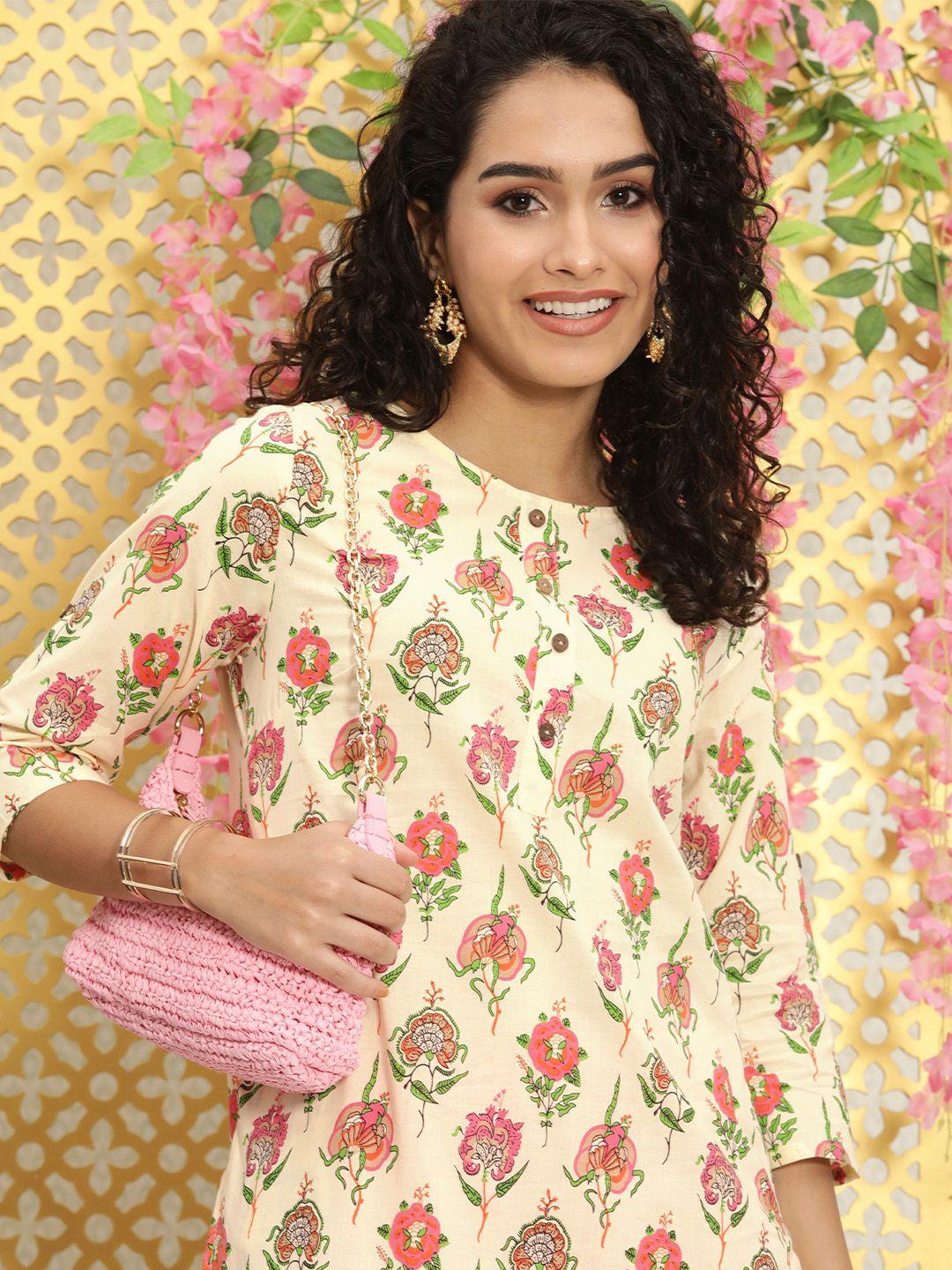 ode by house of pataudi women cream-coloured & pink printed cotton rozana kurta set