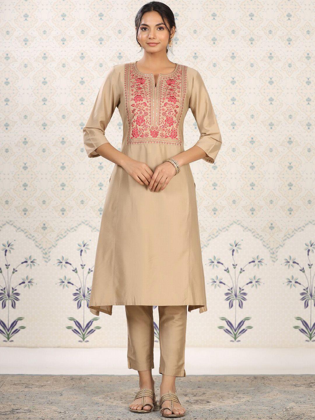 ode by house of pataudi women cream-coloured embroidered kurta with trousers &