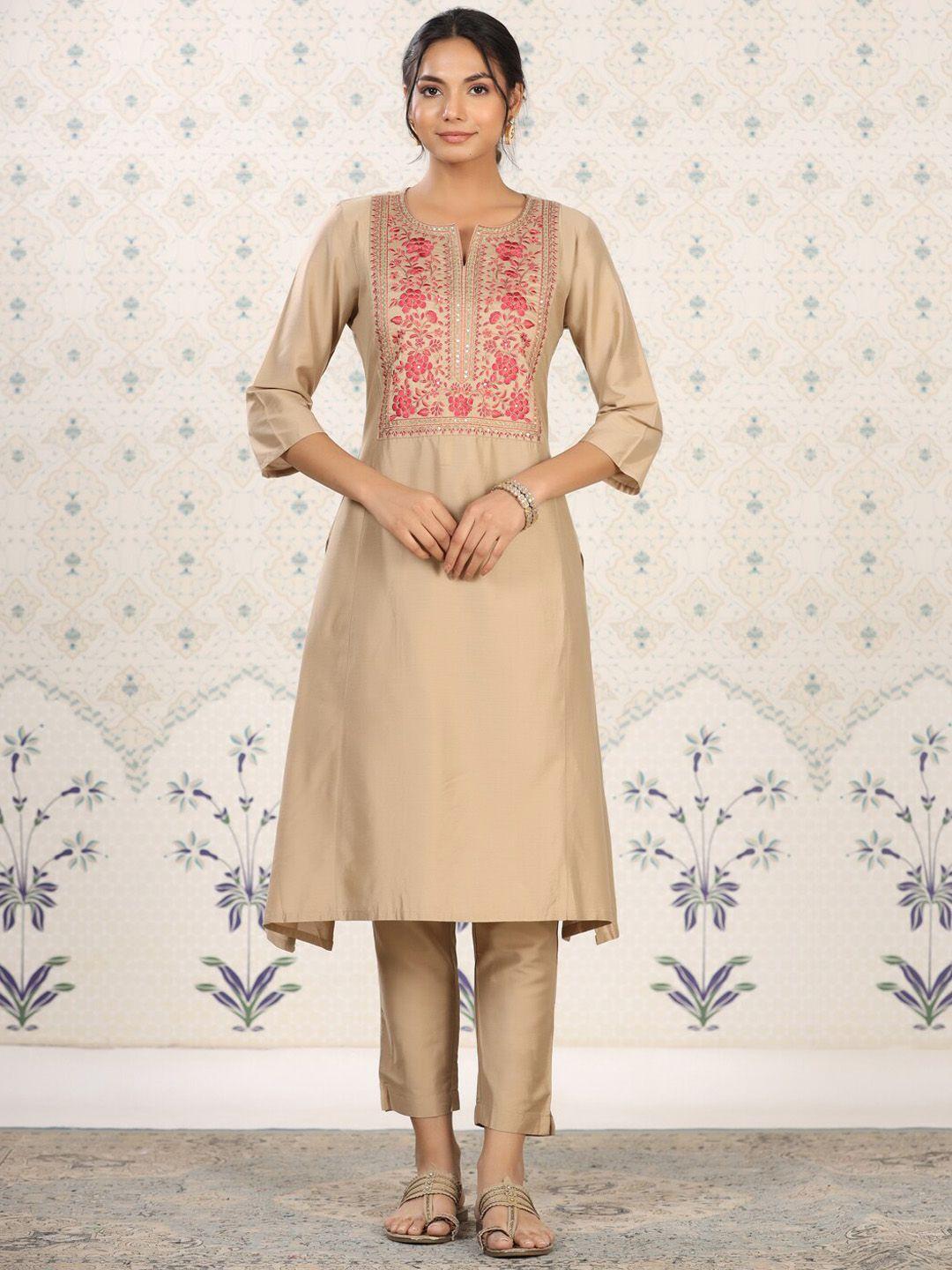 ode by house of pataudi women cream-coloured embroidered kurta with trousers &