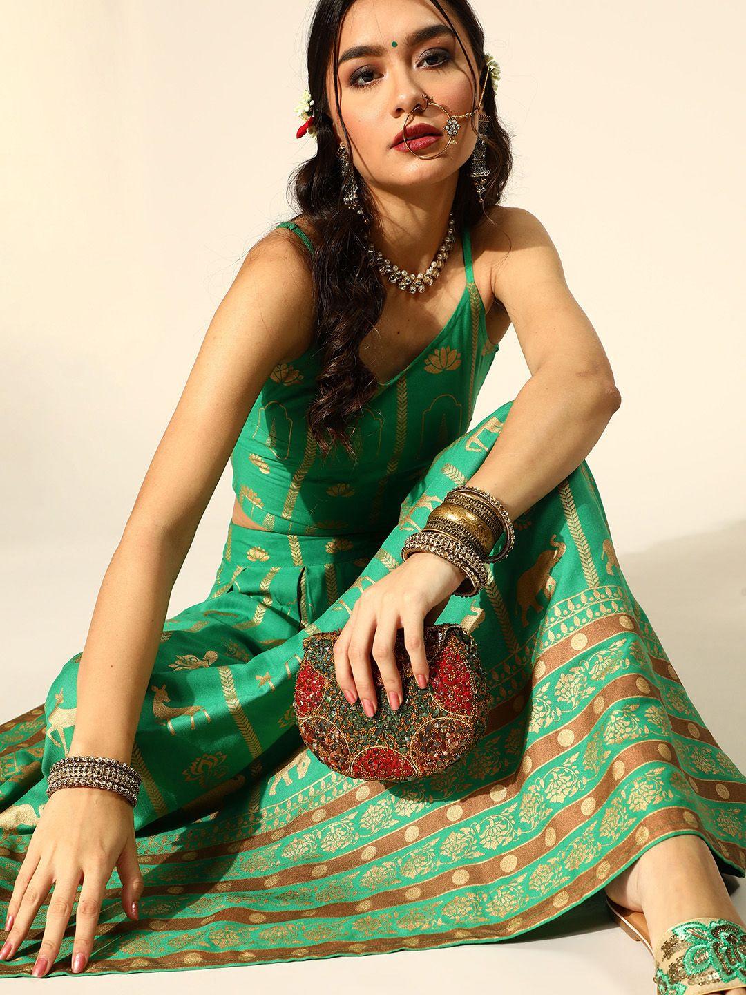 ode by house of pataudi women green & golden printed lehenga & choli