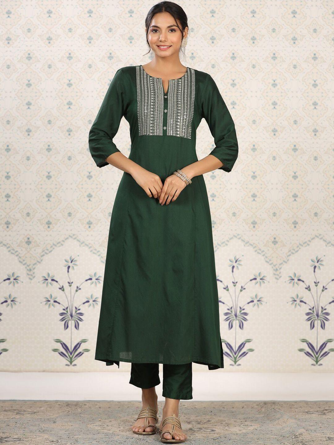 ode by house of pataudi women green embroidered kurta with trousers &