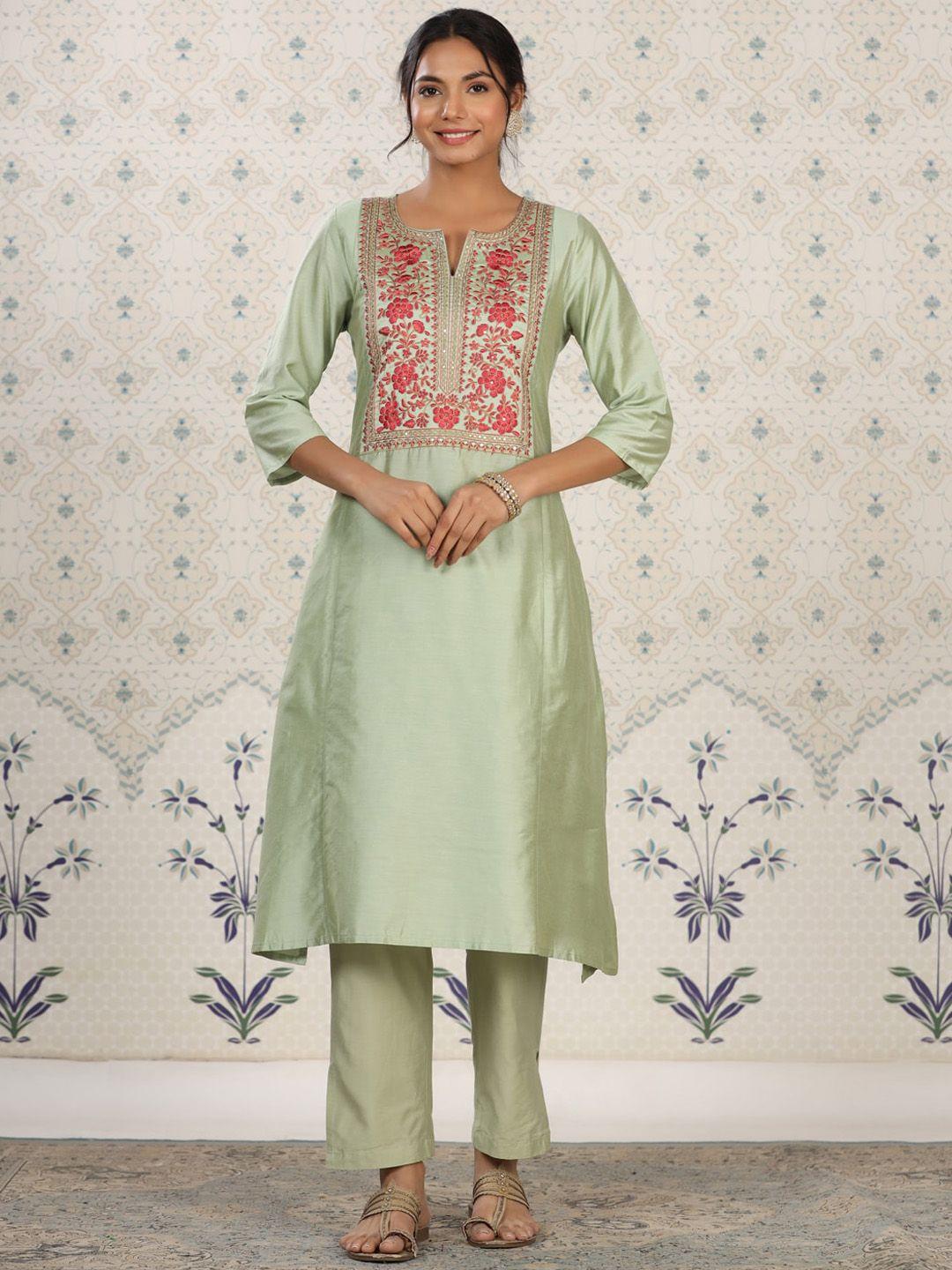 ode by house of pataudi women green embroidered kurta with trousers &